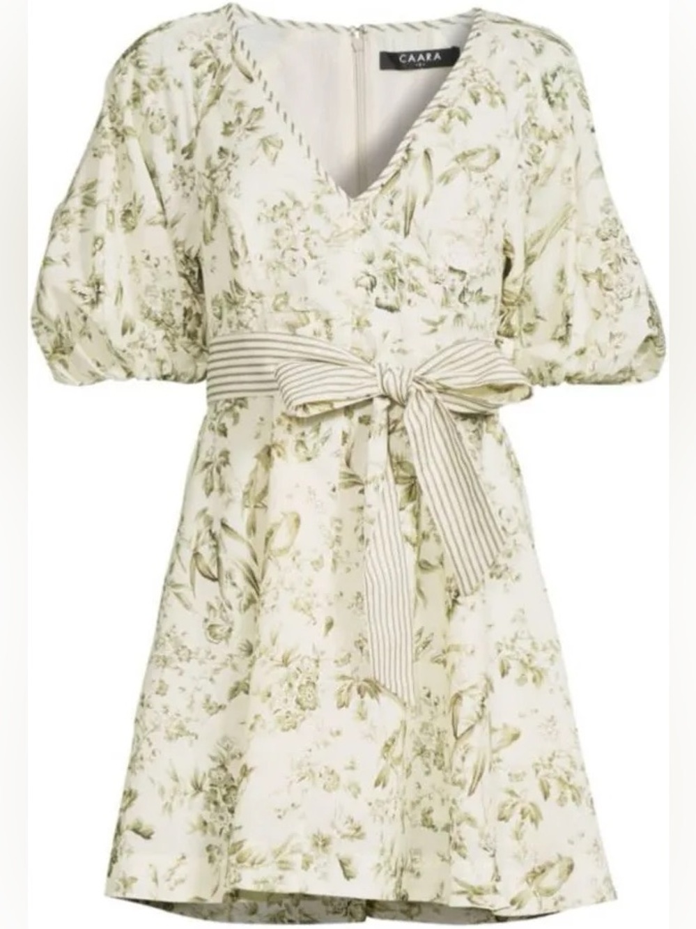 NWT CAARA Mika Floral Puff Sleeve Mini Dress Linen Blend Tie Waist Large